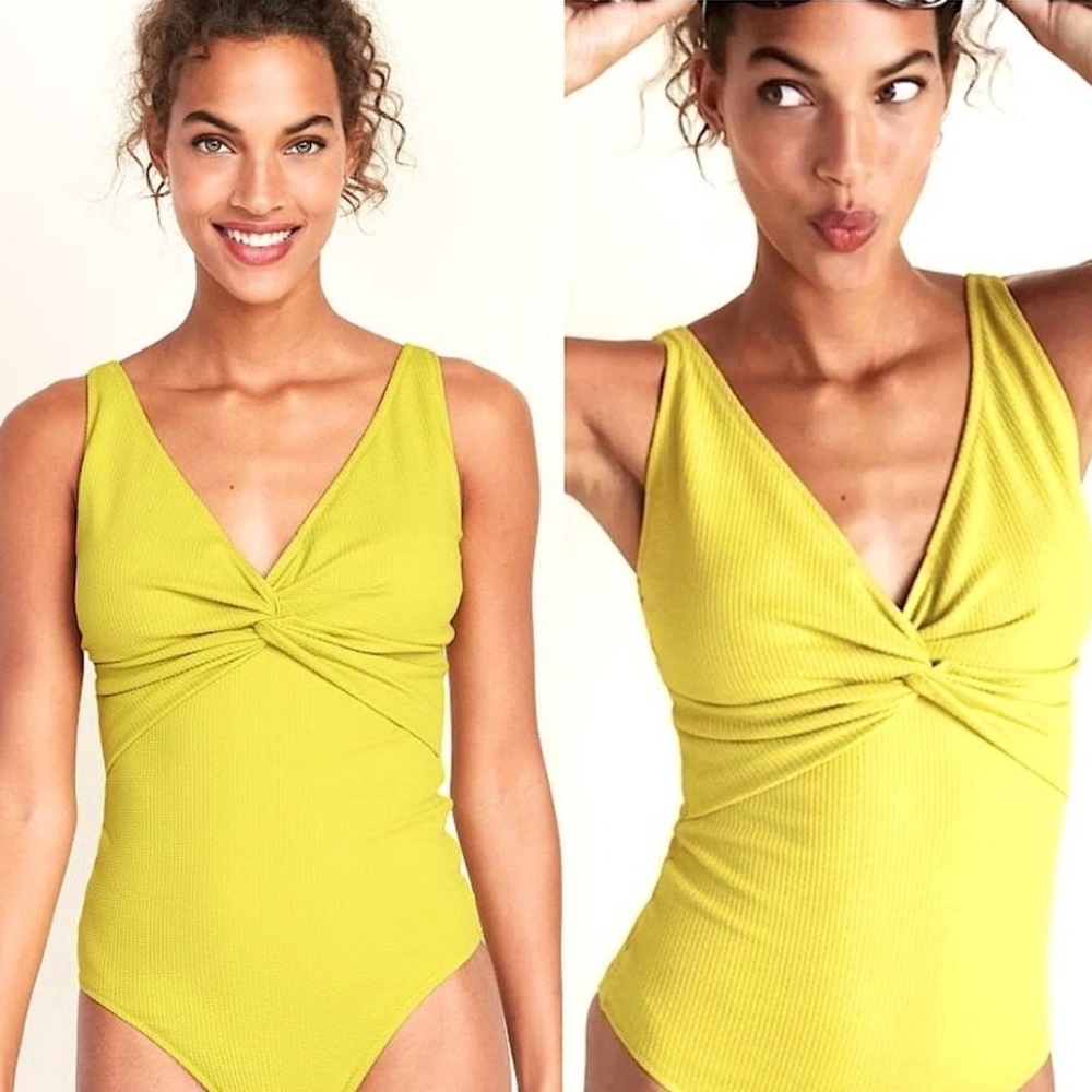 Twist tied textured padded one piece citrine swimsuit